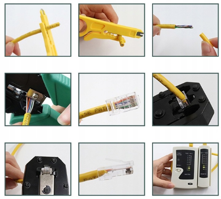 TESTER KABLI SIECIOWYCH WTYK RJ45 ZESTAW NARZĘDZI ŚCIĄGACZ ZACISKARKA LAN3
