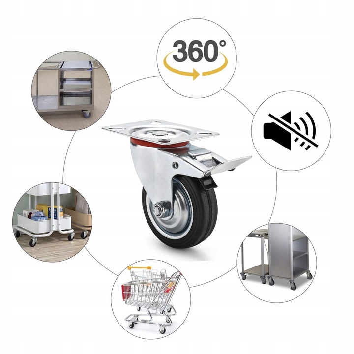 4x Kółka Obrotowe z Hamulcem Skrętne 125mm 400kg Gumowe Zestaw Do