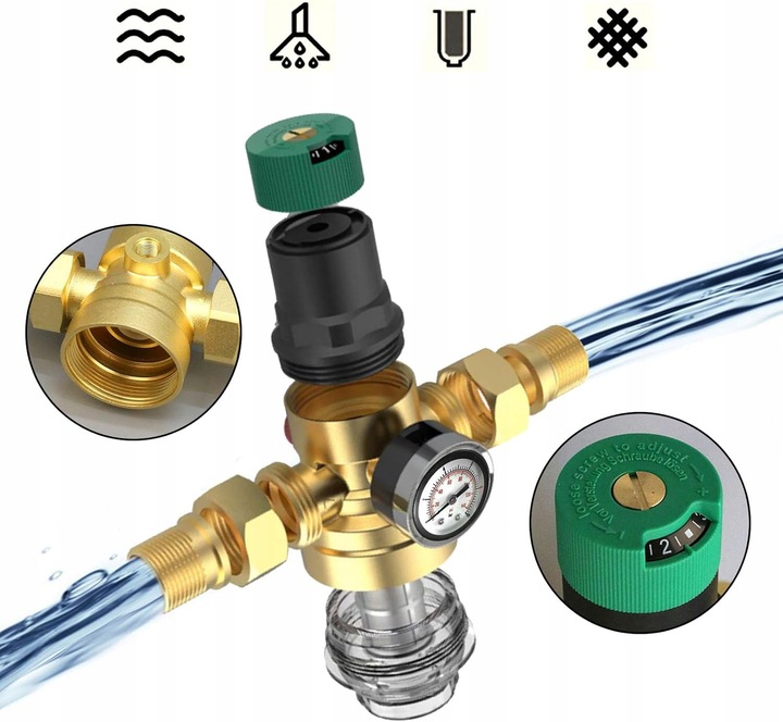 REDUKTOR CIŚNIENIA WODY MOSIĘŻNY 1" DN25 Z FILTREM I MANOMETREM 3/4