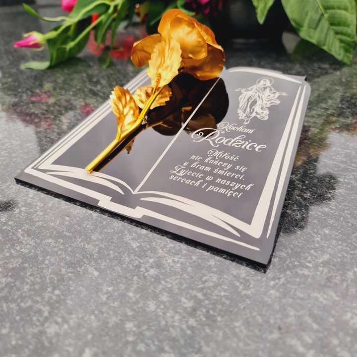 DEKORACJA na grób GRAWEROWANY ZNICZ podstawka na cmentarz RÓŻA DLA