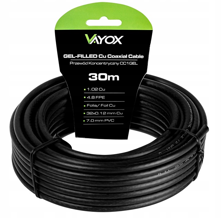KABEL KONCENTRYCZNY ŻEL PRZEWÓD ANTENOWY CU ZIEMNY MIEDŹ CZARNY VAYOX 30M