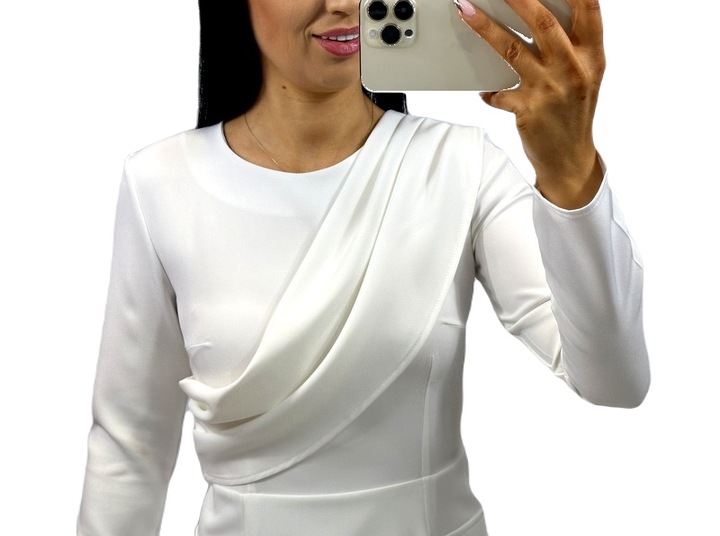 Elegancka sukienka z szarfą, plisą idealna na komunię i chrzciny ECRU M