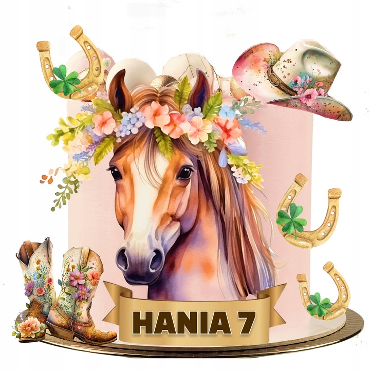 WYDRUK CUKROWY OPŁATEK NA TORT KOŃ KONIE KONIK PODKOWY KAPELUSZ + NAPIS