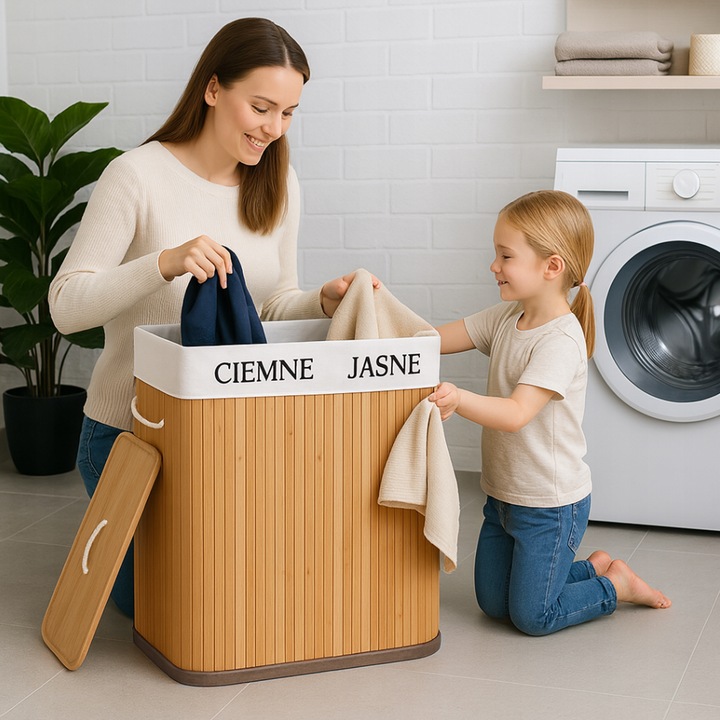 KOSZ BAMBUSOWY NA PRANIE BIELIZNĘ ZAMYKANY DWUKOMOROWY POJEMNIK WĄSKI 100L