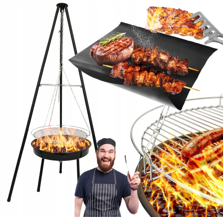 GRILL OGRODOWY WISZĄCY PALENISKO TRÓJNÓG DUŻY 50CM RUSZT + MATY WĘGLOWY