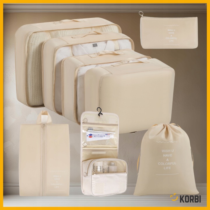 ZESTAW ORGANIZERÓW ORGANIZER PODRÓŻNY WALIZKI SZAFY UBRAŃ KOMPLET 8szt BEŻ