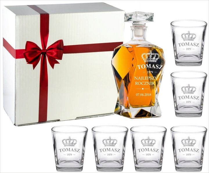 KARAFKA Z GRAWEREM 6 SZKLANEK Z GRAWEREM DO WHISKY W PUDEŁKU PREZENTOWYM