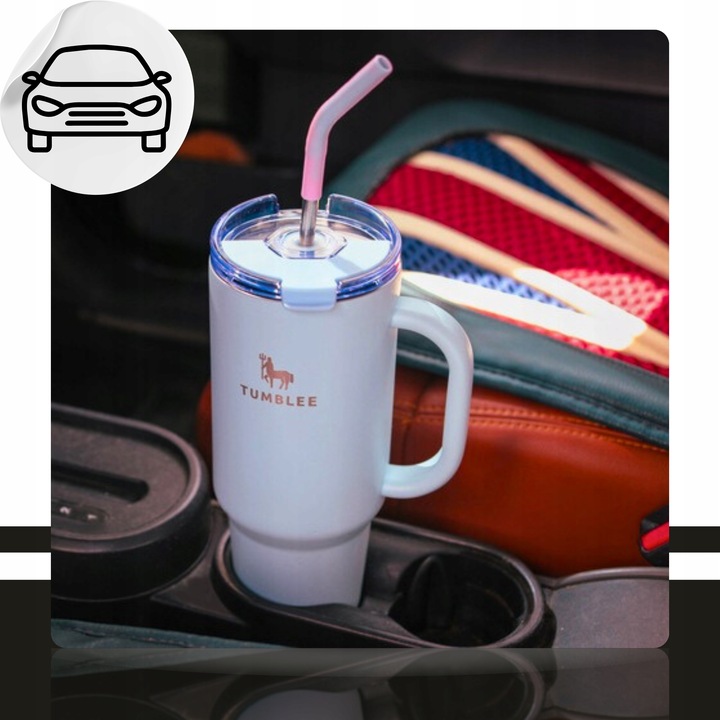 DUŻY Kubek Termiczny ze STALOWĄ SŁOMKĄ do Auta na Kawę Herbatę Zimne Napoje