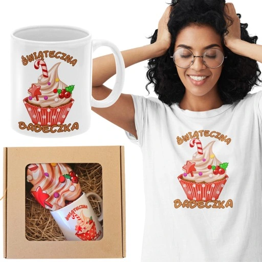 PREZENT ZESTAW DLA ŻONY DZIEWCZYN ŚWIĄTECZNY KUBEK+ KOSZULKA POD choinkę