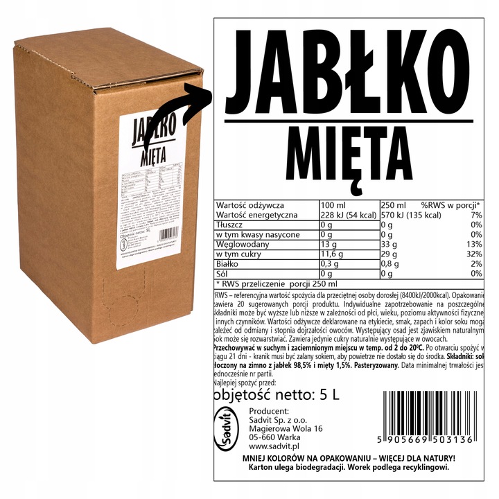 Sok jabłko mięta 100% jabłkowy z miętą NFC 5L na orzeźwiającą lemoniadę
