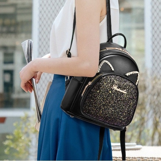 Plecak miejski błyszczący ozdobne kocie uszy dużo kieszeni pojemny