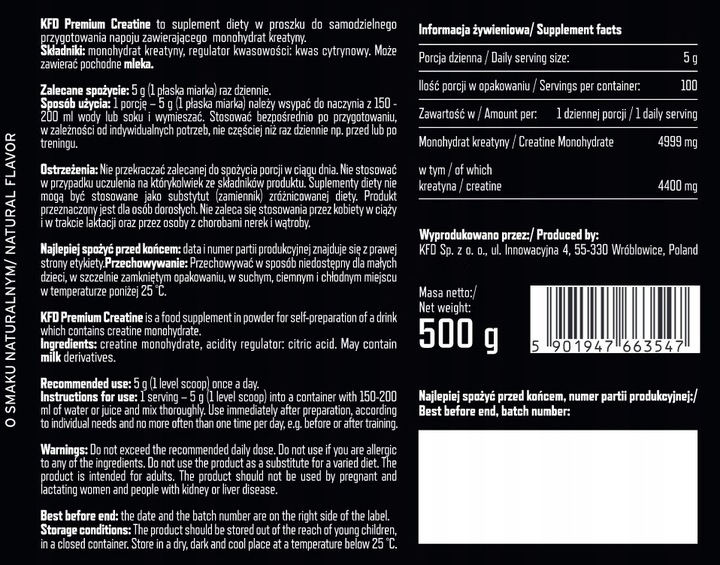 KFD PREMIUM CREATINE - 500 G KREATYNA MONOHYDRAT - NATURALNA