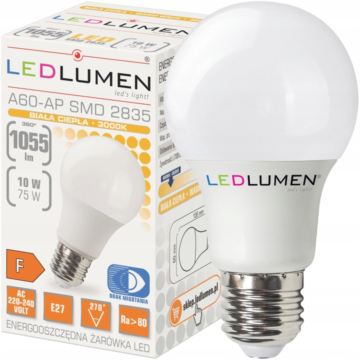 Zestaw 6x Żarówka LED E27 A60 10W=75W 1055lm Energooszczędna Brak Migotania