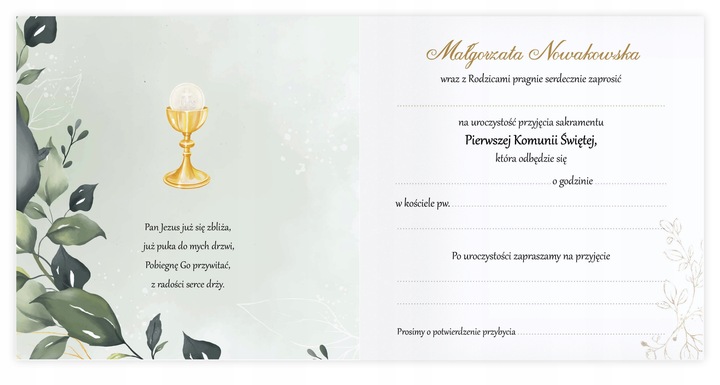 ZAPROSZENIA NA KOMUNIĘ na przyjęcie EUKALIPTUS + imię dziecka + koperta