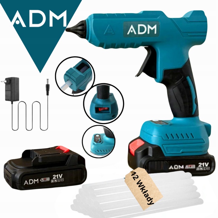 Pistolet do kleju na gorąco ADM bezprzewodowy 21V 2x akumulator 12