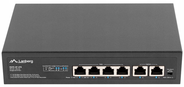SWITCH LANBERG 4X 100MB POE+/2X RACK 60W 10' 19'