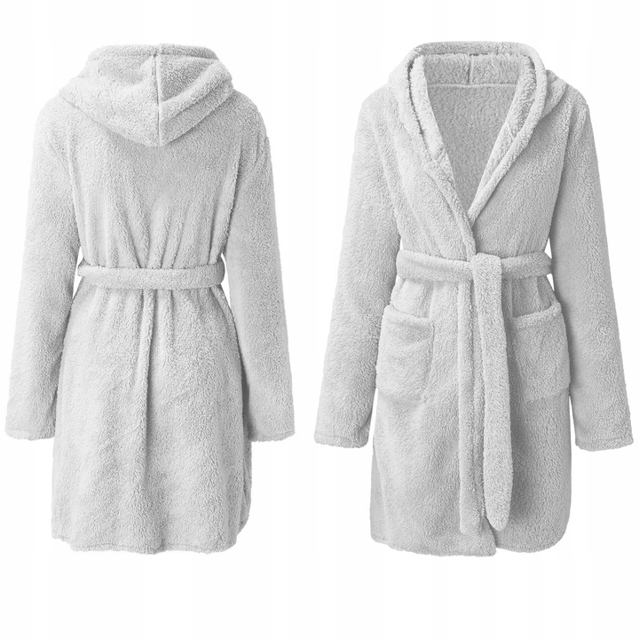 Szlafrok Damski Ciepły Miękki Gruby z Kapturem Szary Wiązany W Talii Zimowy