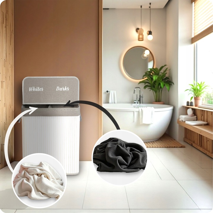 BAMBUSOWY KOSZ NA PRANIE BIELIZNĘ DUŻY POJEMNIK Z POKRYWĄ 2 KOMORY 100L