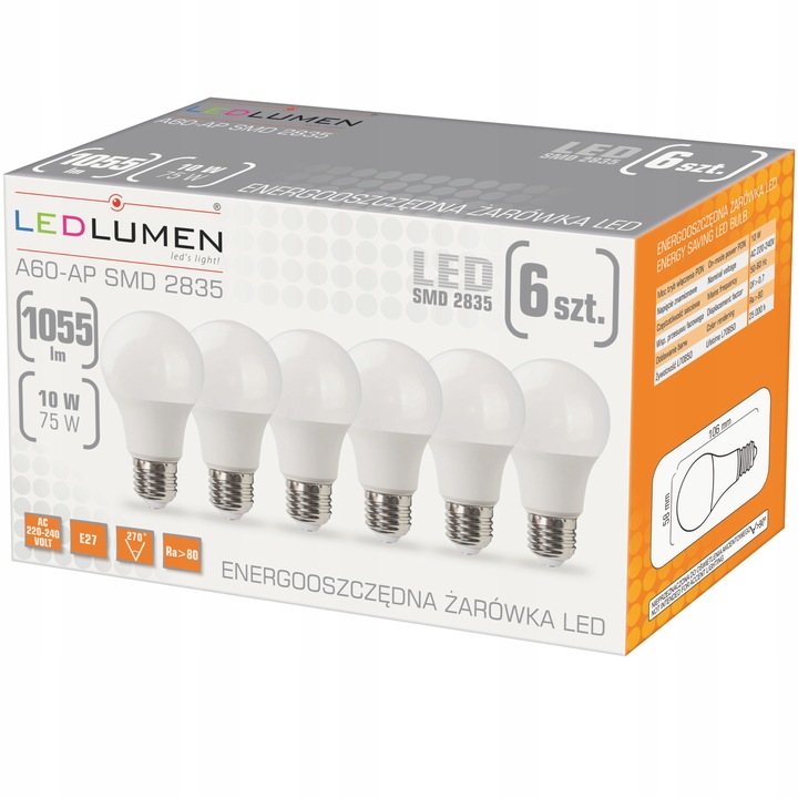 Zestaw 6x Żarówka LED E27 A60 10W=75W 1055lm Energooszczędna Brak Migotania