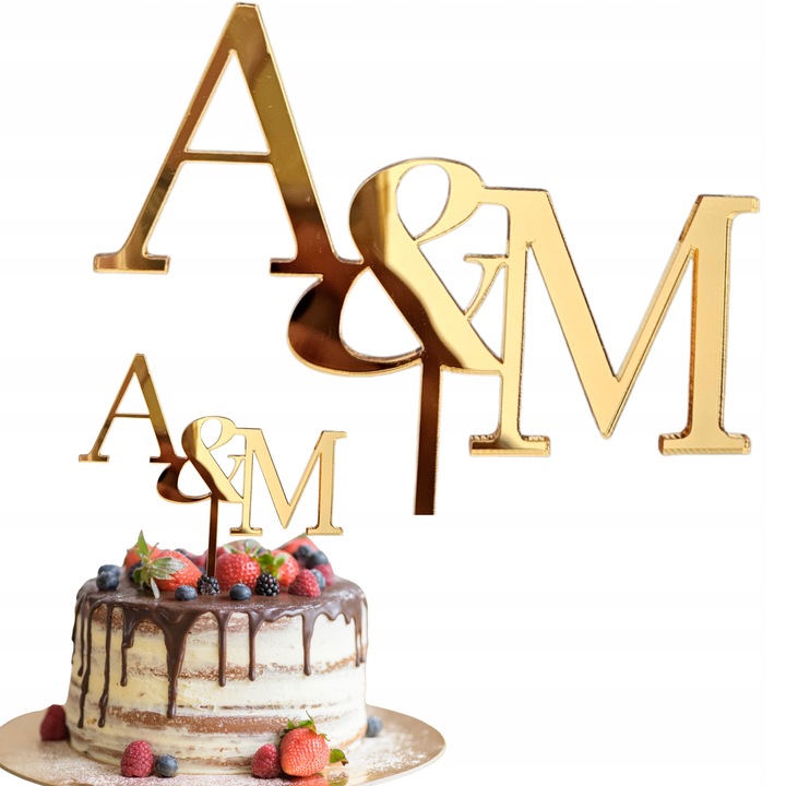 TOPPER TOPER PARY MŁODEJ INICJAŁY na tort ślubny ZŁOTY LUSTRZANY PLEXI