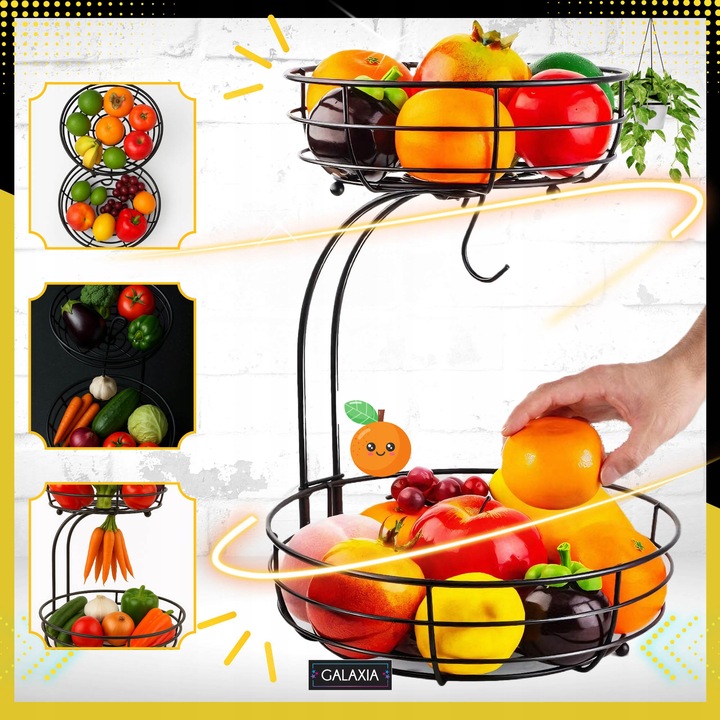 KOSZ NA OWOCE I WARZYWA Koszyk Stojak Piętrowy Czarny Dwupoziomowy