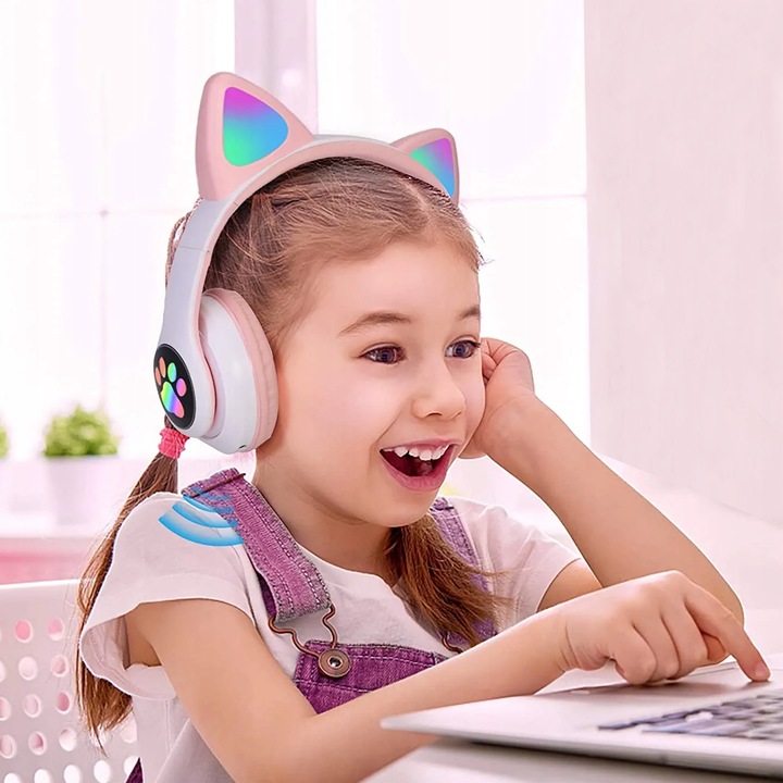 SŁUCHAWKI BEZPRZEWODOWE Z MIKROFONEM KOLOROWE KOCIE USZY LED DLA