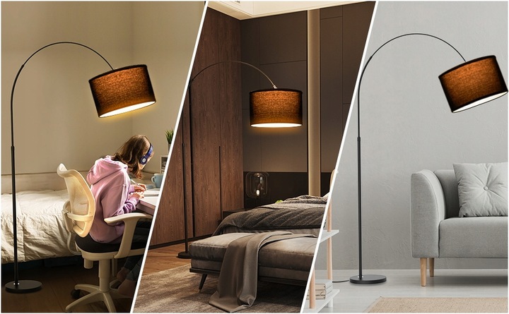 Lampa Podłogowa Łukowa 3000K Regulowana wysokość Czarny klosz E27 9W