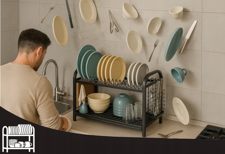 SUSZARKA DO NACZYŃ DWUPOZIOMOWA OCIEKACZ TALERZE SZTUĆCE + UCHWYT NA