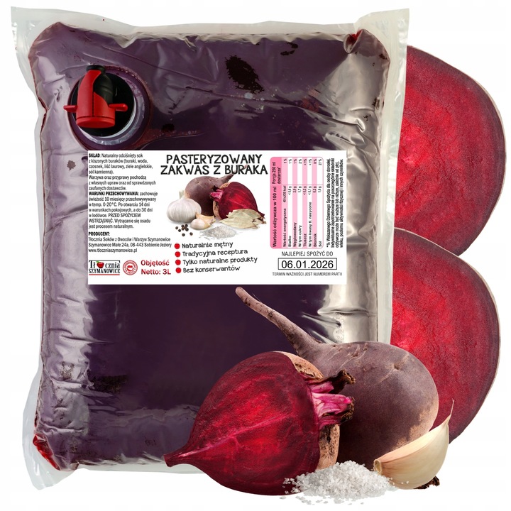 Sok z kiszonego Buraka Tłoczony 100% Soku Zakwas z Buraka NFC 3 Litry