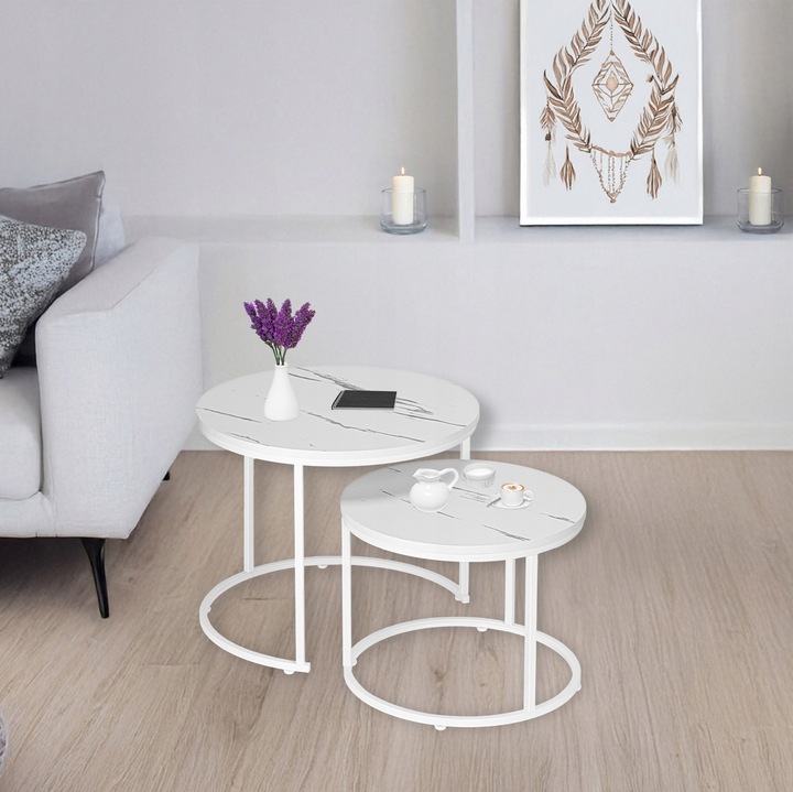 STOLIK KAWOWY OKRĄGŁY 2W1 BIAŁY MARMUR ZESTAW 2 STOLIKÓW KAWOWYCH