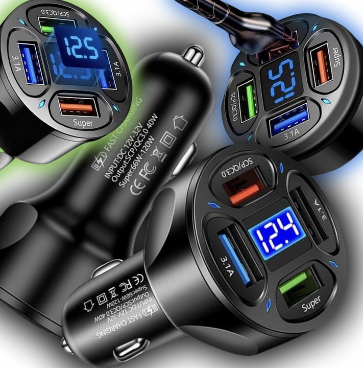 MOCNA SZYBKA ŁADOWARKA SAMOCHODOWA 4x USB PD QC 3.0 66W DO TELEFONU DO AUTA