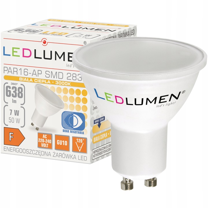 Zestaw 10x Żarówka LED GU10 7W=50W SMD 638lm Premium Nie Mruga Ciepła