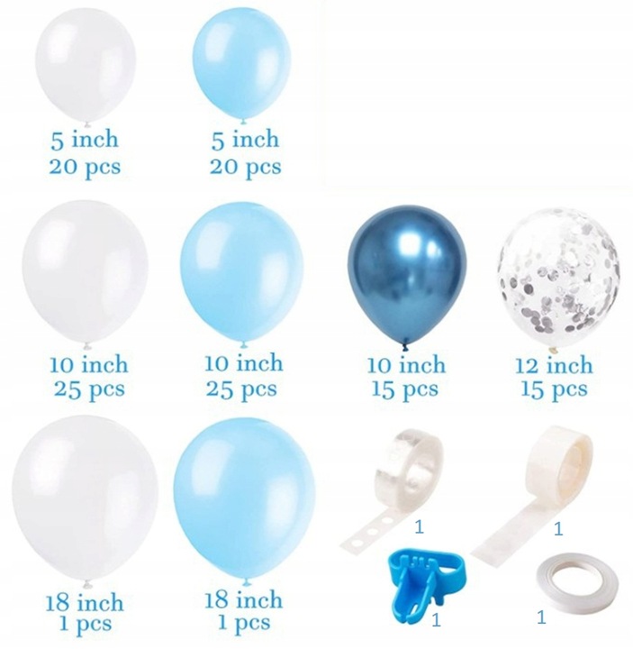 GIRLANDA BALONOWA XXL BALONY BIAŁA NIEBIESKA SREBRNA ROCZEK CHRZEST