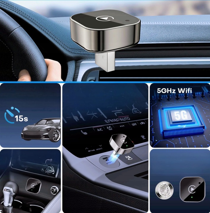 Adapter CarPlay Bezprzewodowy 5GHz Plug&Play iOS/Android Auto