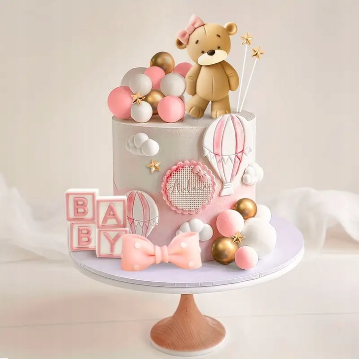 CALY Zestaw dekoracji na tort – MIS z różową kokardką + napis BABY ROCZEK