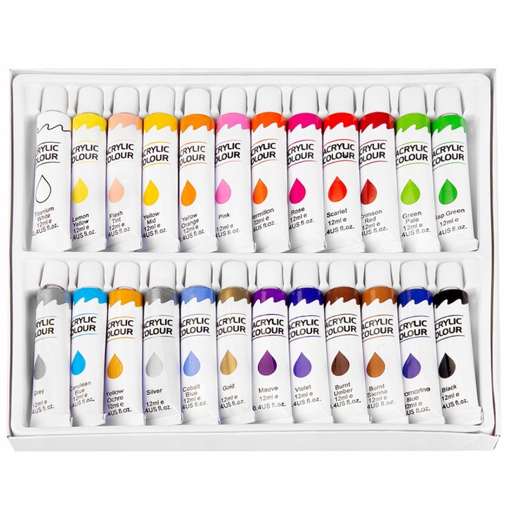 FARBY AKRYLOWE Zestaw Farb Akrylowych 24x12 ml Pędzle Malarskie 10szt
