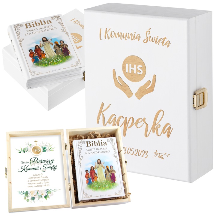 PAMIĄTKA KOMUNII ŚWIĘTEJ BIBLIA W PUDEŁKU PREZENT NA KOMUNIĘ UPOMINEK