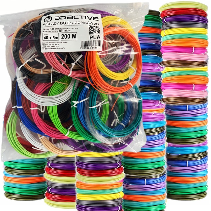 DUŻY ZESTAW WKŁADY DO DŁUGOPISU 3D PEN DLA DZIECI PLA FILAMENTY 40x5m 200 m