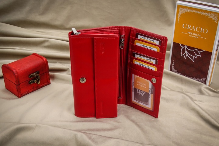 Damski Czerwony Gracio Portfel Skóra Naturalna BIG