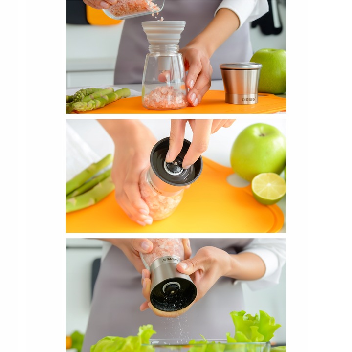 Deiss PRO Zestaw młynków do pieprzu i soli, 2 ręczne młynki i mały lejek