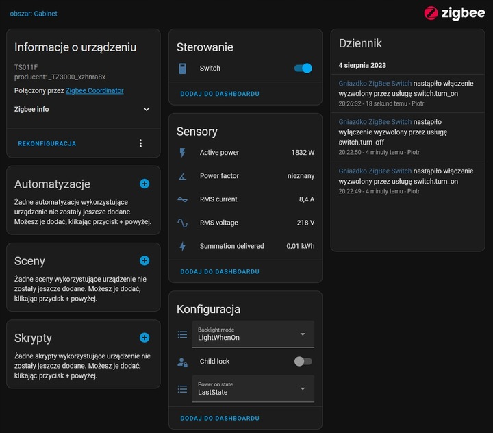 Gniazdko ZigBee TUYA HUE HA 3680W pomiar prądu
