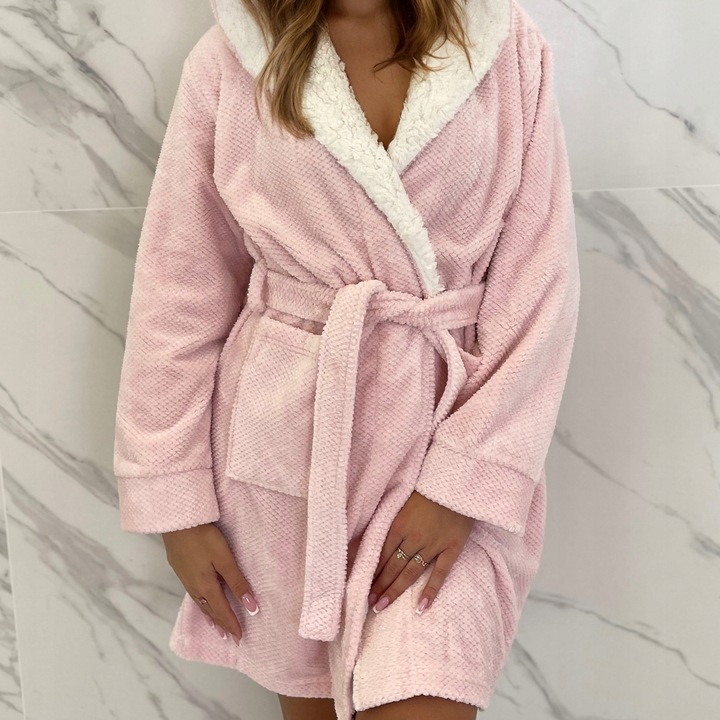 Szlafrok Damski Ciepły Miękki Gruby z Kapturem Uroczy Polarowy M Różowy