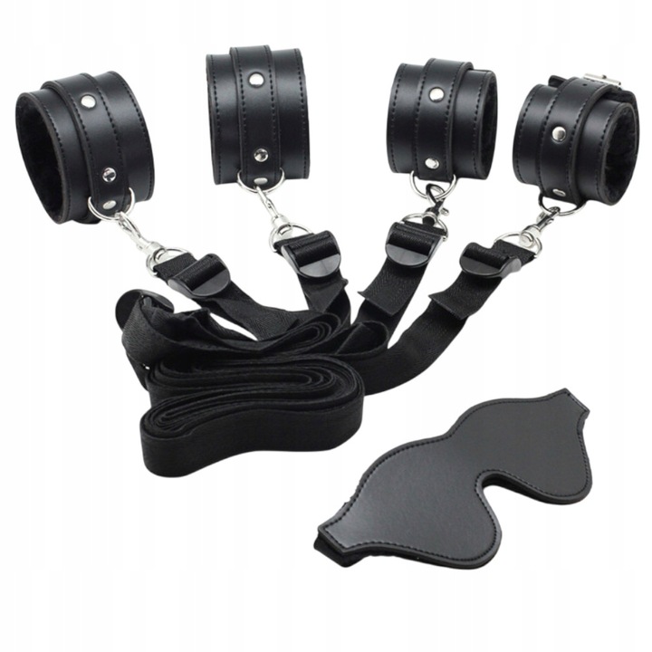 ZESTAW KAJDANEK BDSM Z PASAMI POD MATERAC ŁÓŻKO I MASKA NA OCZY Z EKOSKÓRY
