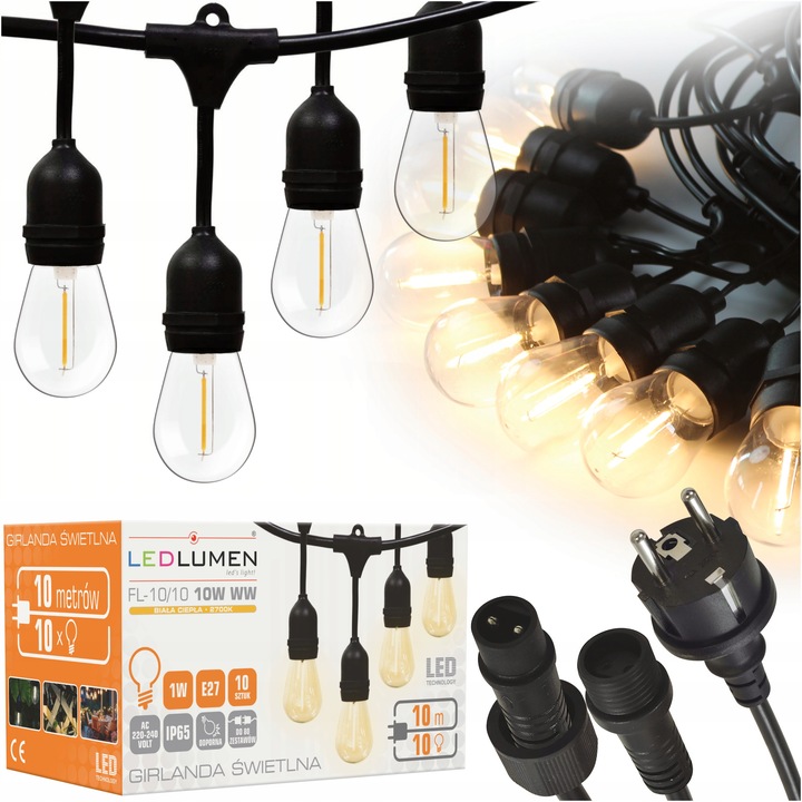 Girlanda Ogrodowa Świetlna 10m + 10x Żarówka LED 1W 2700K Zewnętrzna IP65