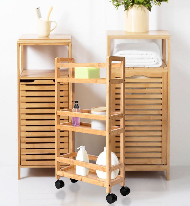 PÓŁKA ŁAZIENKOWA KUCHENNA SZAFKA NA KÓŁKACH REGAŁ BAMBUSOWY 3 POZIOMY