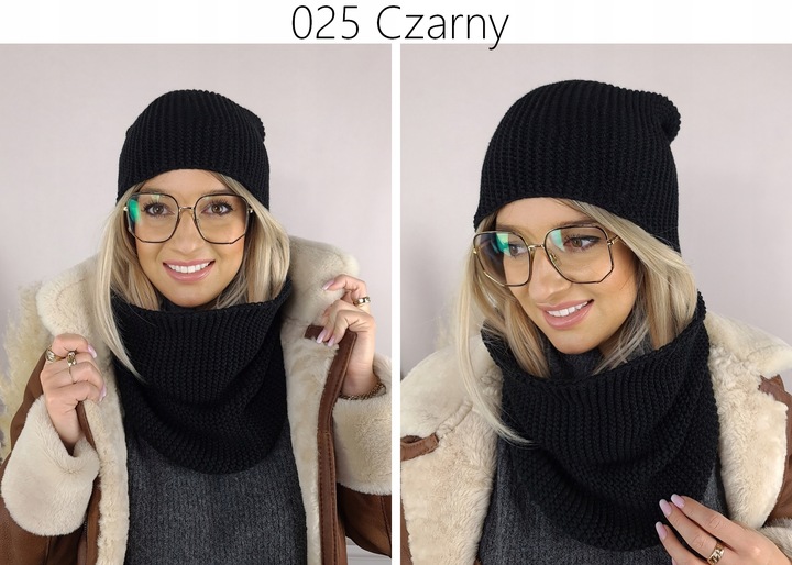 CIEPŁY KOMPLET CZAPKA + KOMIN damski POLSKI zimowy szal CIEMNA