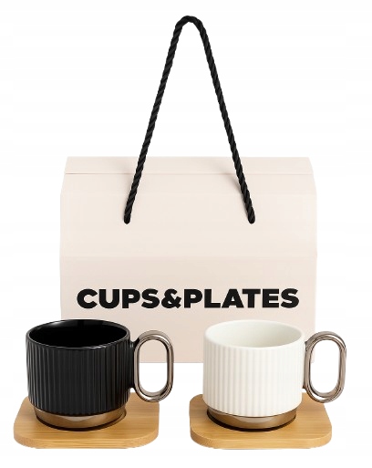 Zestaw 2 filiżanek do kawy w ozdobnym pudełku na prezent podstawki bambus