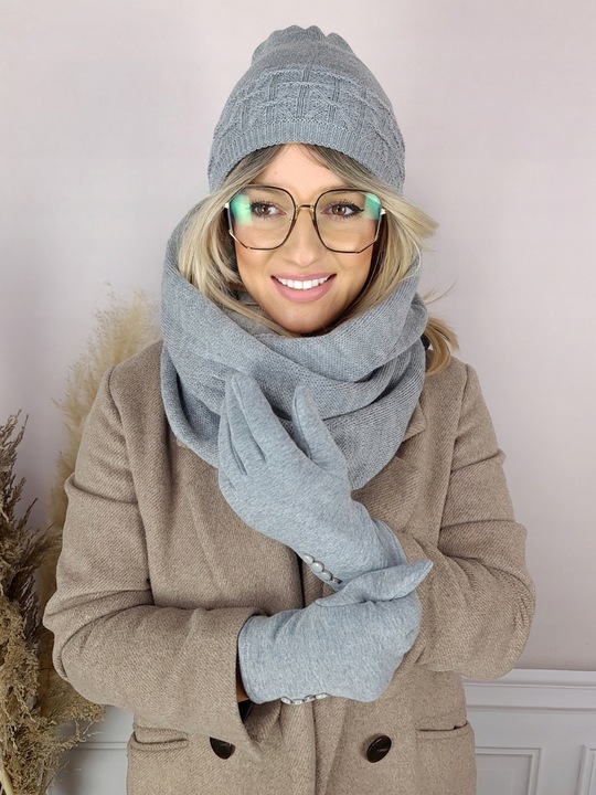 zimowy KOMPLET damski CZAPKA + KOMIN + RĘKAWICZKI dotykowe CIEPŁY