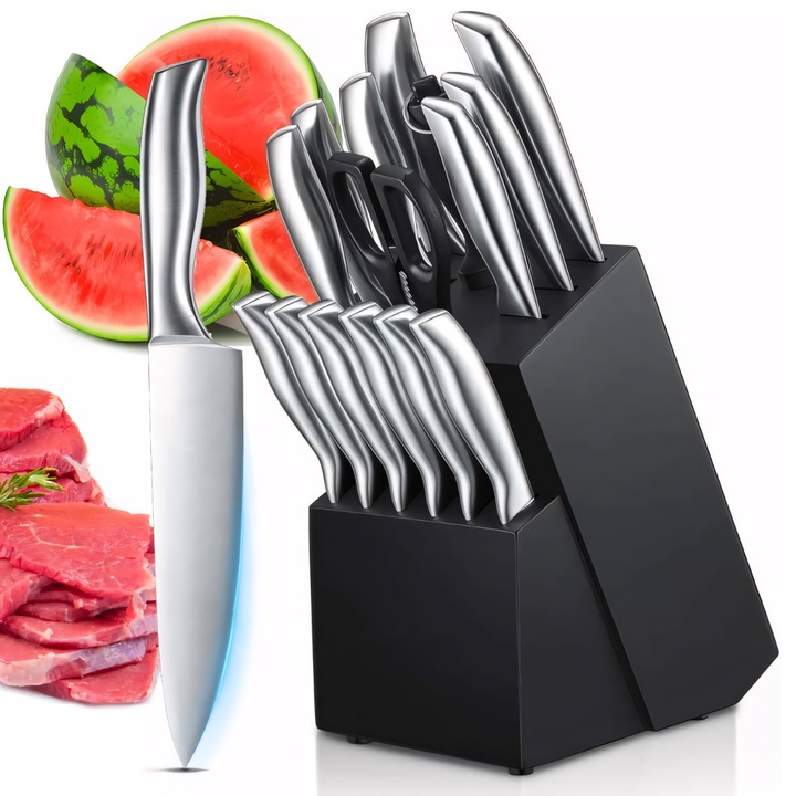 ZESTAW KOMPLET 16 NOŻY KUCHENNYCH STALOWYCH OSTRE W BLOKU STOJAK +
