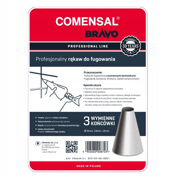 COMENSAL RĘKAW DO FUGOWANIA 3 KOŃCÓWKI 8-12 MM WIELORAZOWY TORBA